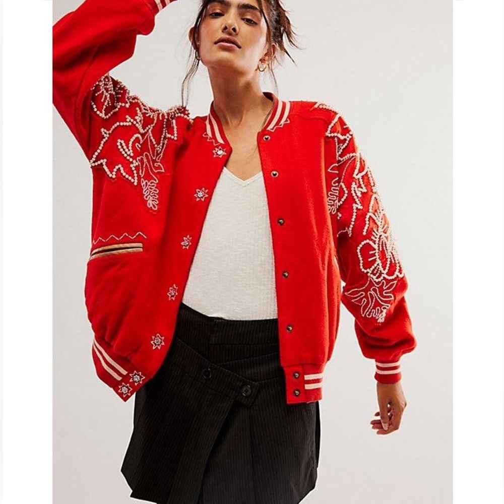 Free People Red Pearl Bomber Jacket XL